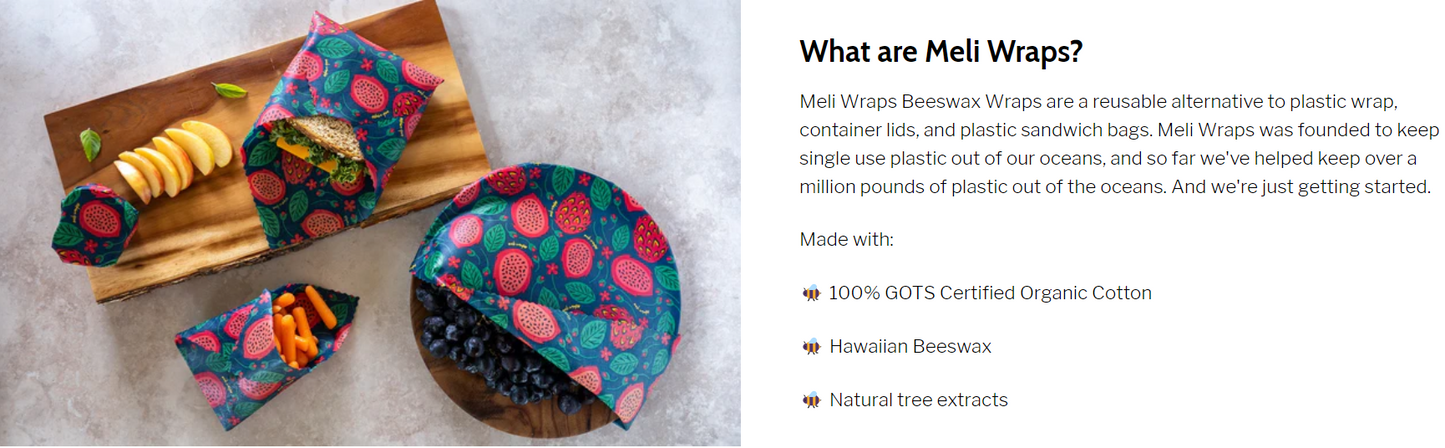 Meli Wraps Beeswax Food Wrap - 3 size pack (10+ designs)