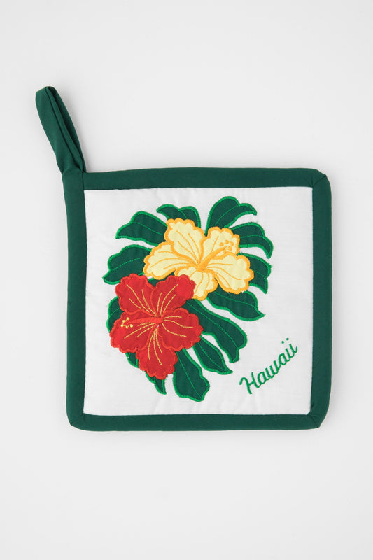 Hawaiian Quilted Pot Holder (Red & Yellow Hibiscus Design)